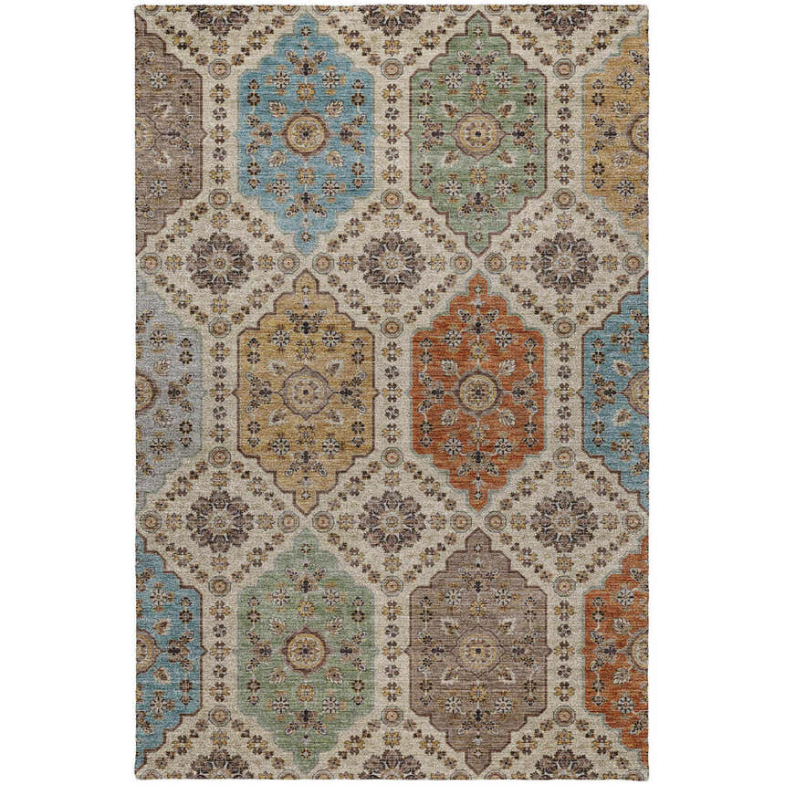 Detailed texture of Dalyn Silk Road SR7 Linen Area Rug with beige, caramel, gold, light brown, and sky blue geometric pattern.