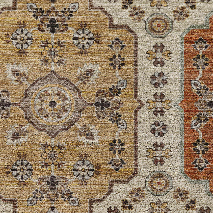 Close up of Dalyn Silk Road SR7 Linen Area Rug showing beige, caramel, and gold floral pattern.