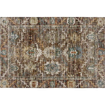 Close-up of the Dalyn Indoor/Outdoor Silk Road SR8 Chocolate Area Rug. Brown, gold, teal traditional rug with floral pattern.