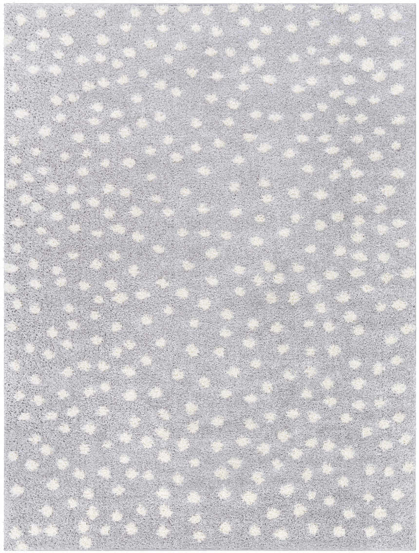 Close-up of the Bernt Light Slate Area Rug, featuring a light slate background with a white dotted pattern. Soft texture. Design-Rectangle-537