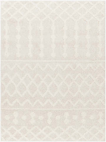 Close-up of the Ilyas Area Rug. Off-white polyester rug with a subtle bohemian-inspired geometric pattern. Soft texture. Design-Rectangle-537