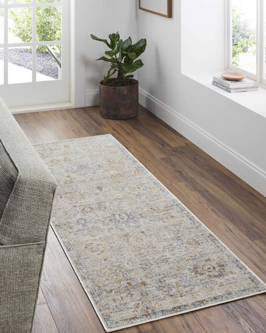 Living room scene with a beige Ayane Area Rug runner, gray sofa, wood floors, and natural light. Roomscene-Rectangle