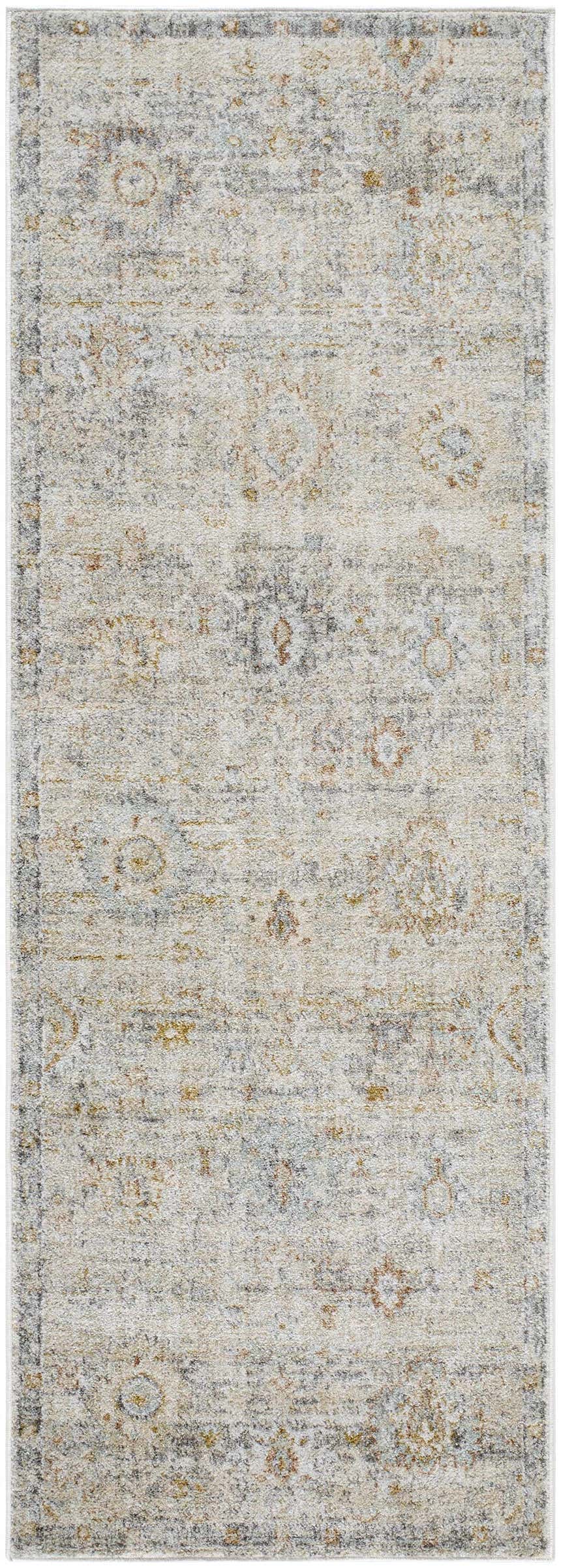 Close-up of the Ayane Area Rug. Farmhouse style rug in dark beige, gray, and light brown with an oriental pattern. Design-Runner-2673