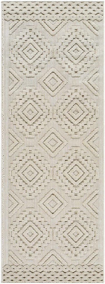 Close-up of the Arwid Bone Area Rug. Features a geometric diamond pattern in beige, bone, and brown hues. Design-Runner-2773