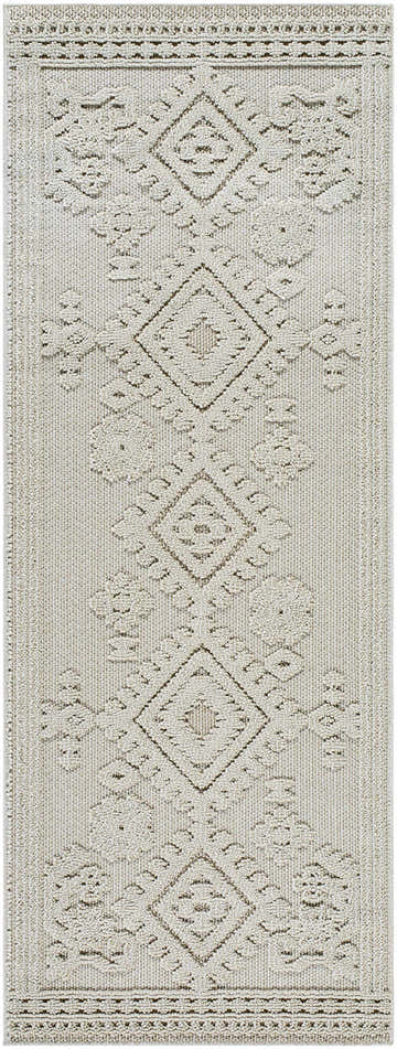 Close-up of the Galam Area Rug. Khaki and tan rug with a contemporary diamond and floral pattern. Machine woven texture. Design-Runner-2773