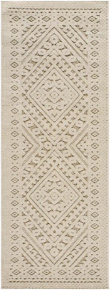 Close-up of the Hibah Bone Area Rug, a contemporary rug with a beige and brown diamond pattern. Design-Runner-2773
