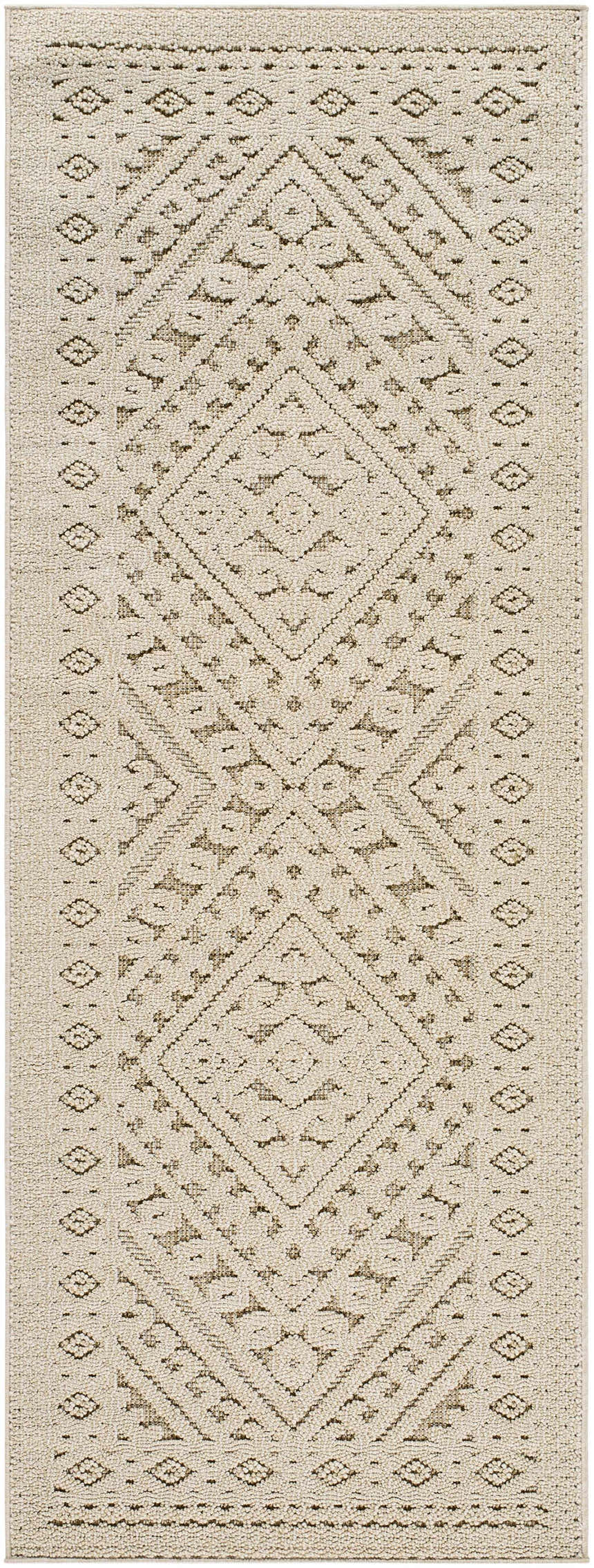 Close-up of the Hibah Bone Area Rug, a contemporary rug with a beige and brown diamond pattern. Design-Runner-2773