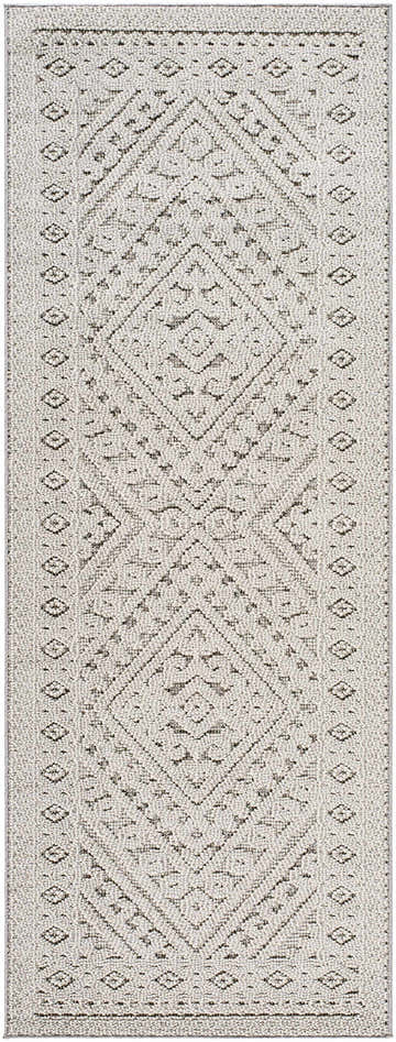 Close-up of the Hibah Natural Gray Area Rug showing its contemporary geometric pattern and textured, machine-woven construction. Design-Runner-2773