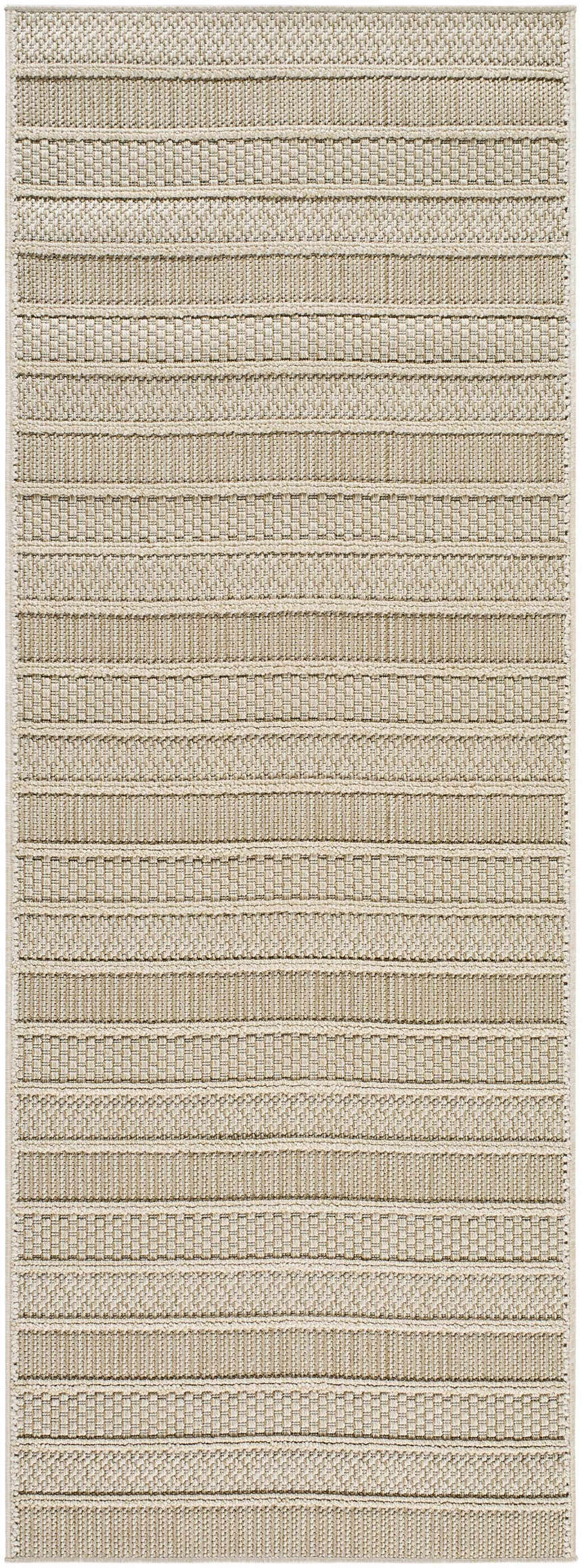 Close-up of the Idana Area Rug. Beige, bone, and camel colors in a striped, contemporary, machine woven design. Design-Runner-2773
