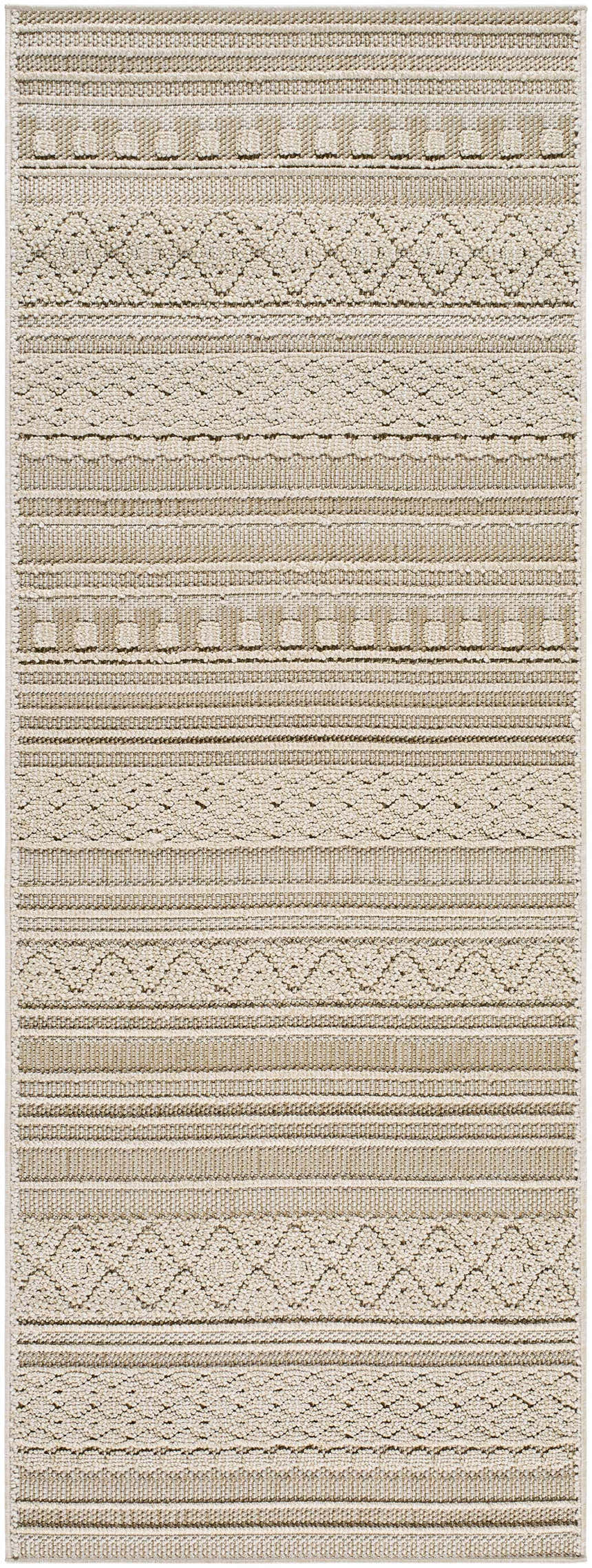 Close-up of the Kojo Lambswool Area Rug, featuring a contemporary stripe and diamond pattern in camel and beige tones. Design-Runner-2773