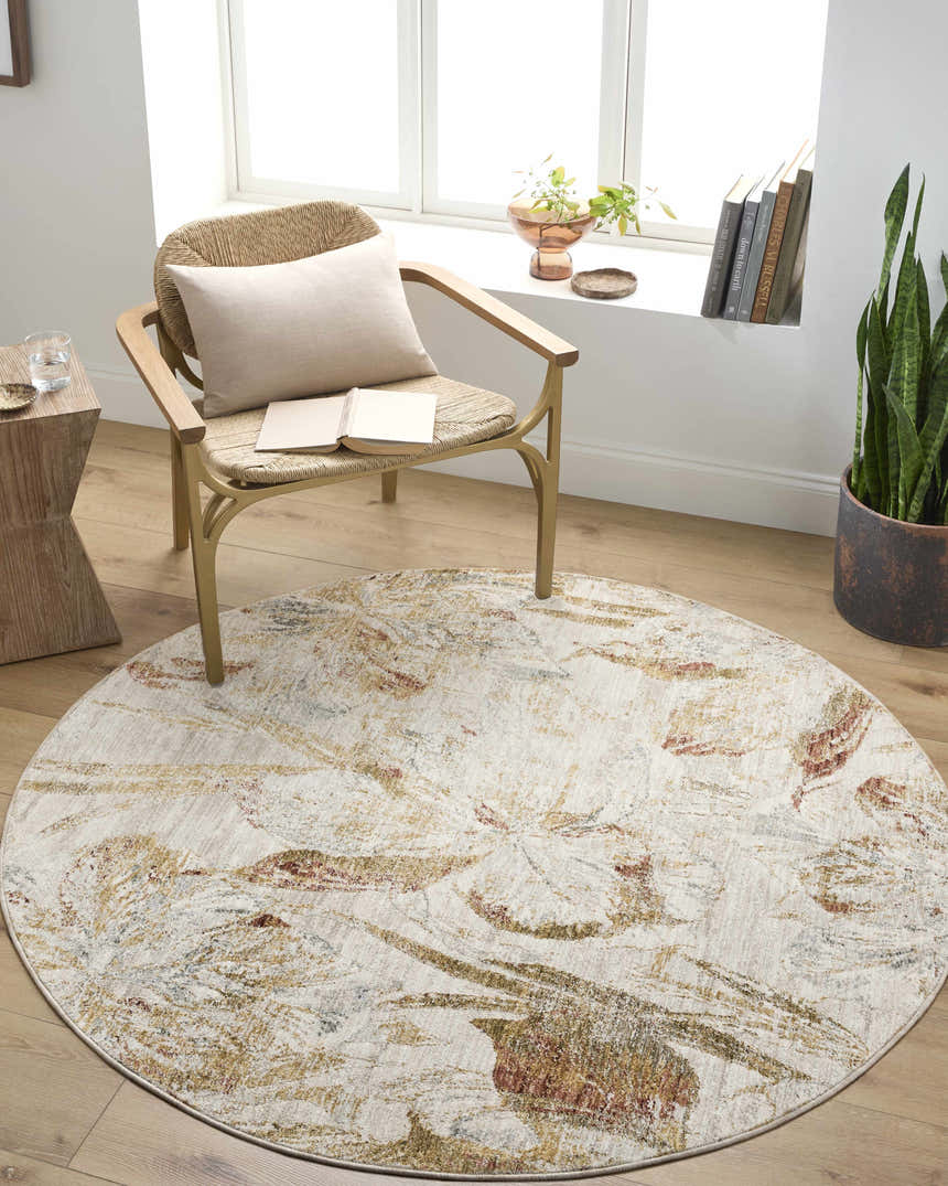 Cozy reading nook with a round Maili Boutique Area Rug, woven chair, and natural light. Roomscene-Round