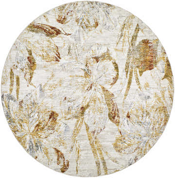 Close-up of round Maili Boutique Area Rug. Ash, camel, light gray, and light silver floral pattern. Farmhouse style. Design-Round-53