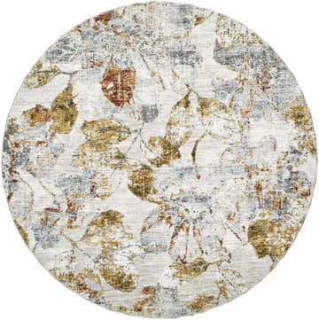 Close-up of round Ouida Floral Rug. Copper, light silver, and natural tones create a farmhouse floral pattern. Design-Round-53