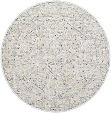 Close-up of round Charo Dusty Sage Area Rug. Farmhouse style rug with dusty sage, gray, and neutral tones. Machine woven polyester. Design-Round-67