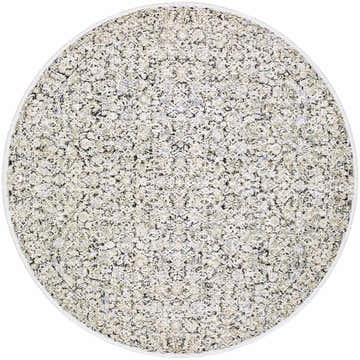 Close-up of the round Haran Cloud Gray area rug. The rug has a traditional floral pattern in cloud gray and medium gray tones. Design-Round-7