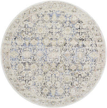 Close-up of the round Harel Area Rug, featuring a traditional design in dark beige, brown, gray, and blue tones. Design-Round-67