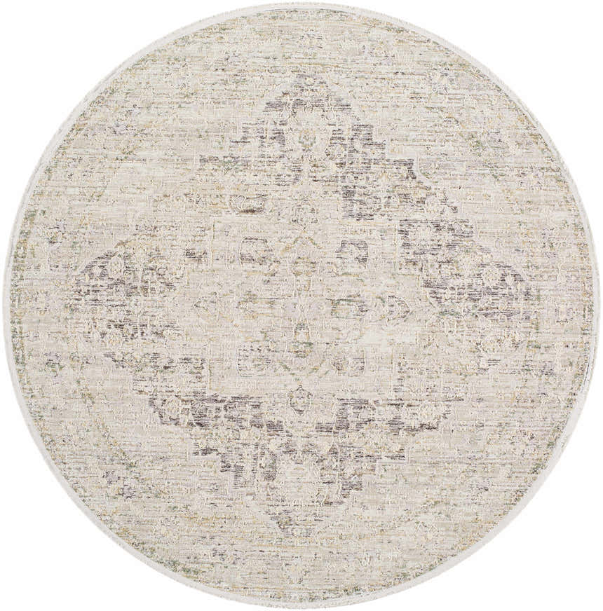Close-up of the round Njeri Area Rug. Beige rug with a traditional, distressed medallion pattern. Design-Round-67