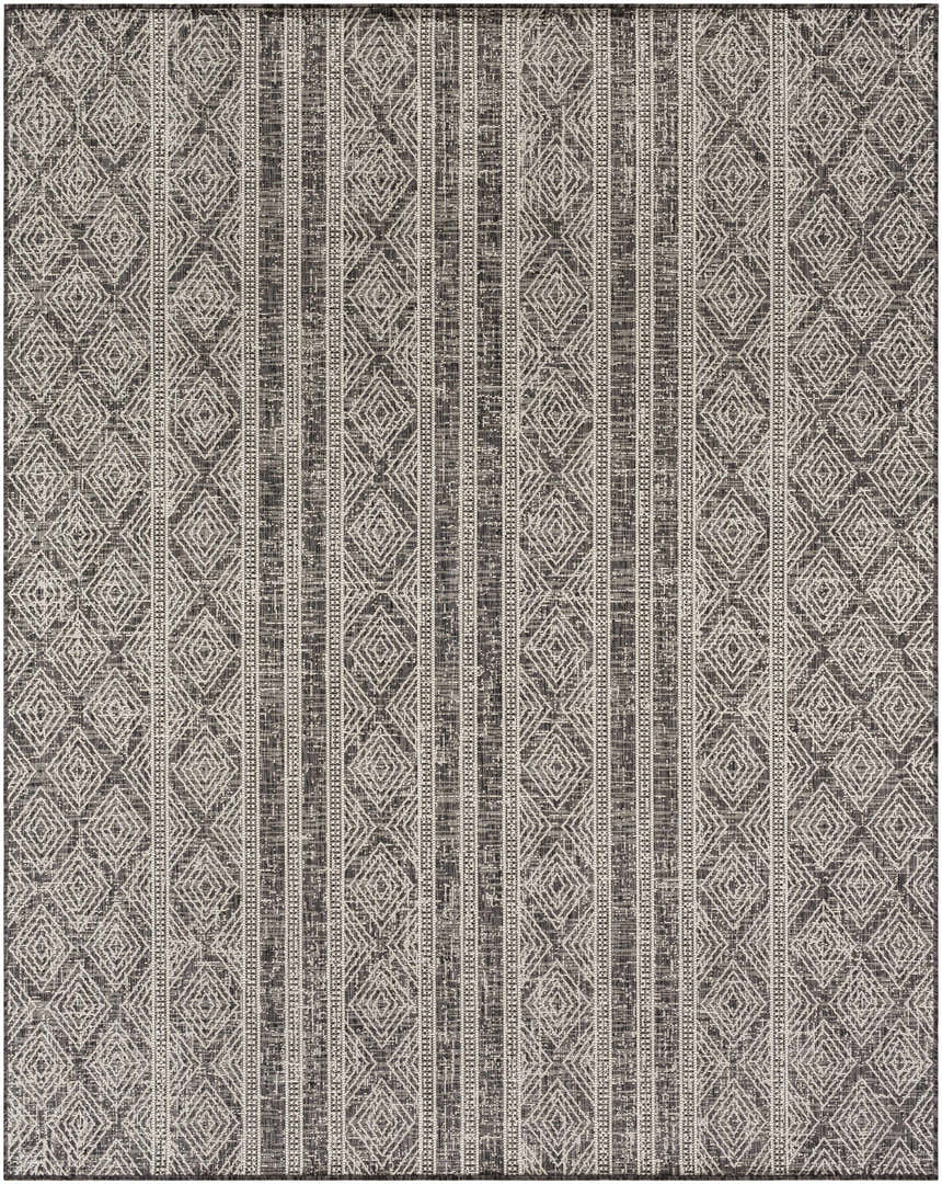 Close-up of Gavin Nutmeg Area Rug. Beige, bone, and gray diamond pattern with vertical stripes. Farmhouse style. Design-Rectangle-71010