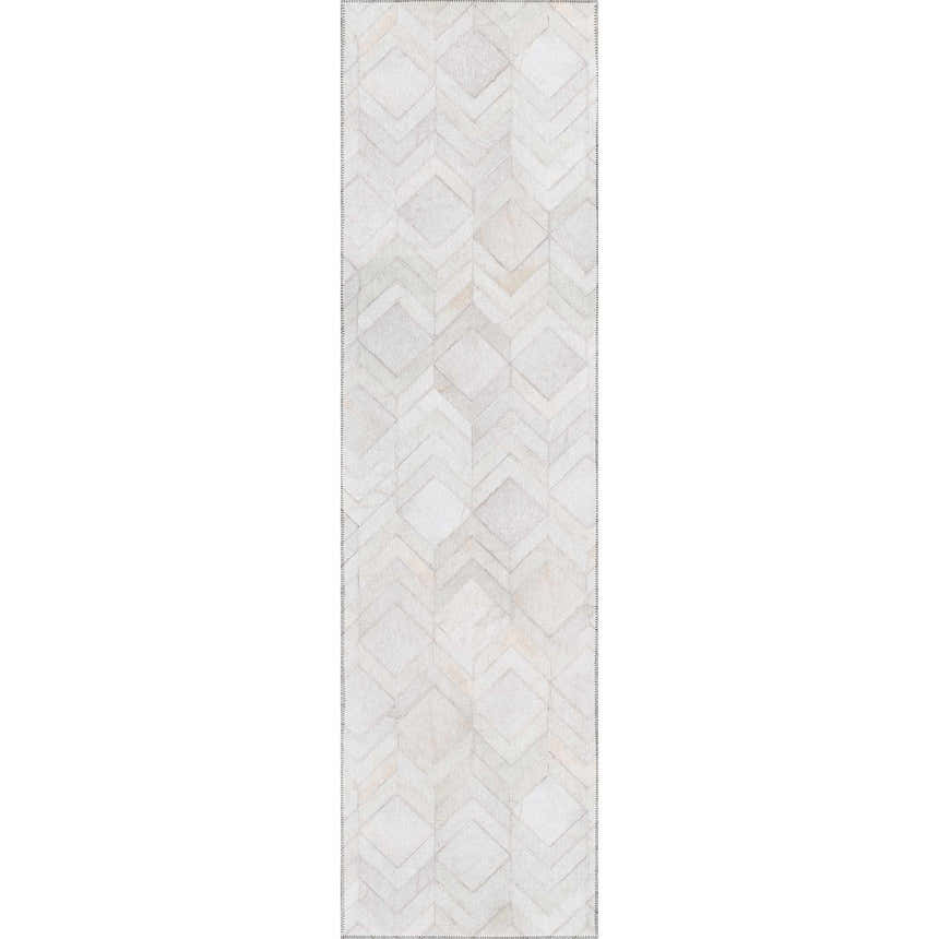 Close-up of a Dalyn Durango SS5 Linen Washable Area Rug. Beige, chestnut, and taupe geometric pattern.