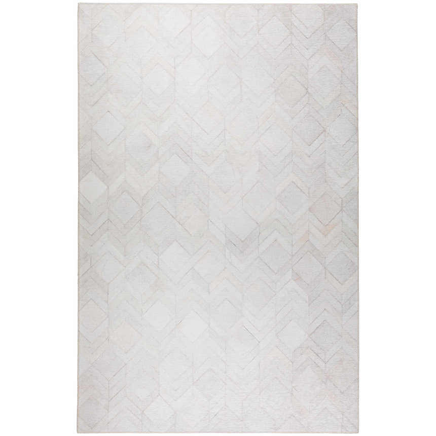 Close-up of the Dalyn Durango SS5 Linen Washable Area Rug. Beige, chestnut, and taupe geometric pattern.