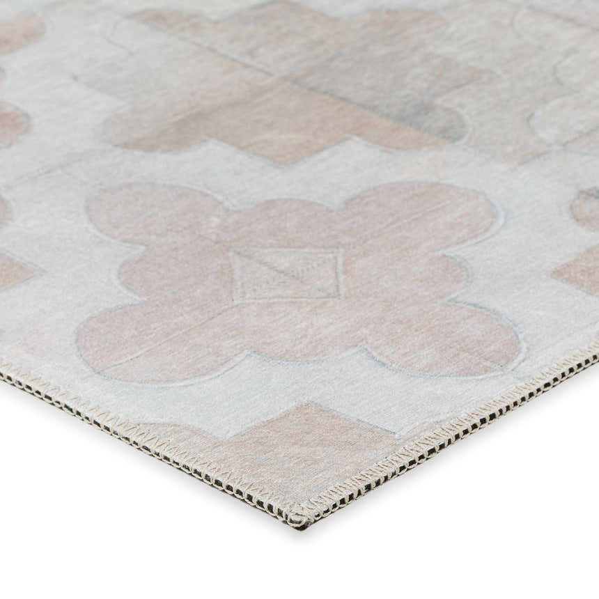 Close-up of the Dalyn Durango SS8 Linen Washable Area Rug, showcasing its beige, chestnut, and taupe floral pattern.