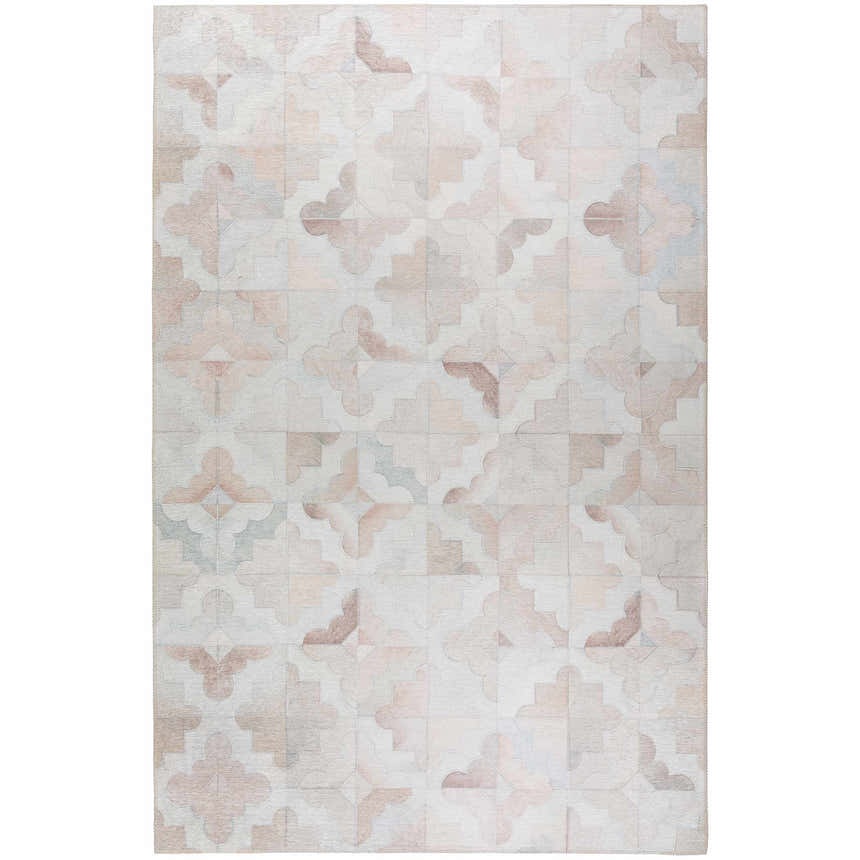 Close-up of the Dalyn Durango SS8 Linen Washable Area Rug. Beige, taupe, and chestnut quatrefoil pattern on a light background.