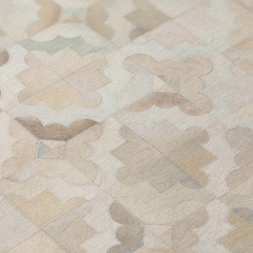 Close-up of the Dalyn Durango SS8 Linen Washable Area Rug. Beige, chestnut, and taupe floral pattern. Machine-made texture.