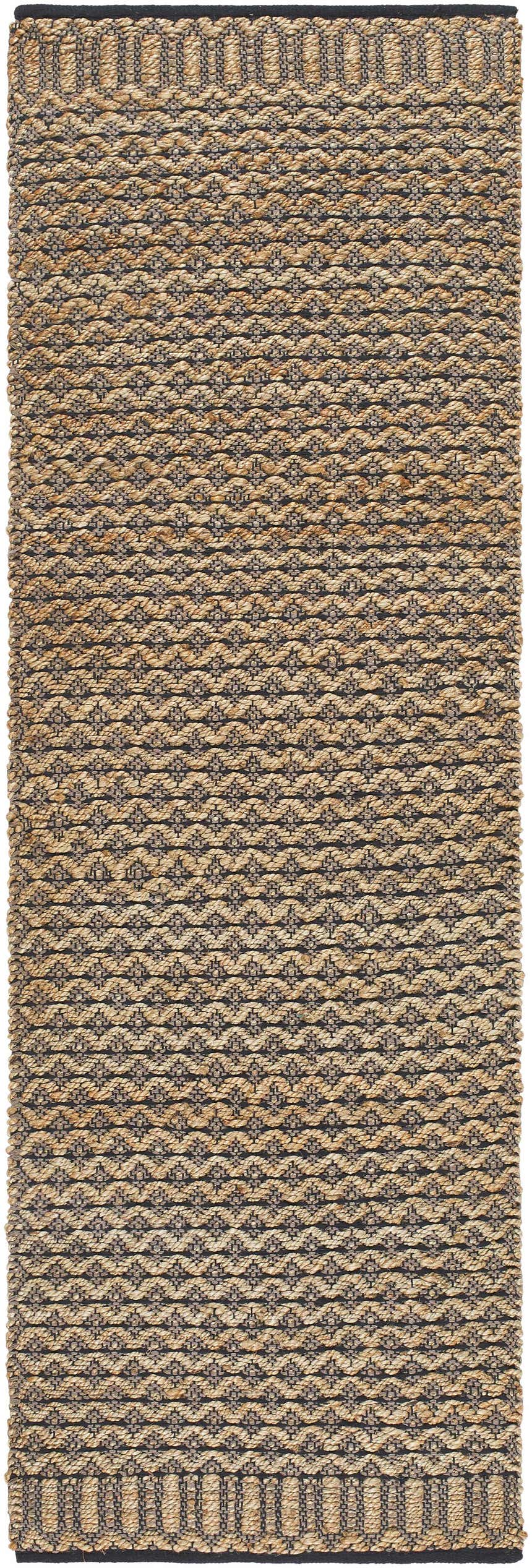 Close-up of the Fruma Area Rug. Hand-woven runner rug in medium brown and nutmeg with a geometric diamond pattern. Design-Runner-268