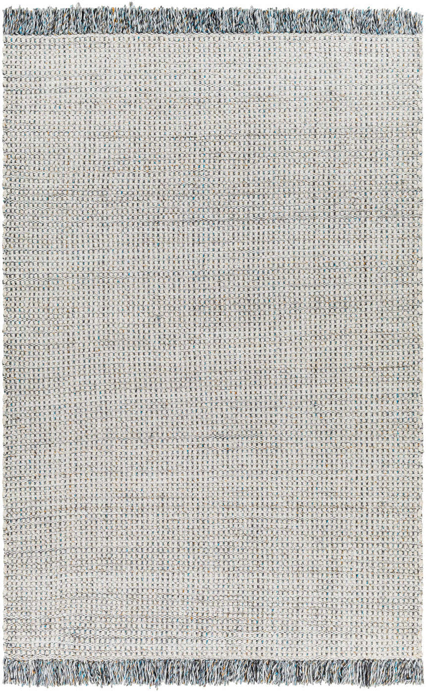 Close-up of the Beige Teal Aron Area Rug showing its woven texture and teal, brown, and charcoal color accents. Design-Rectangle-576