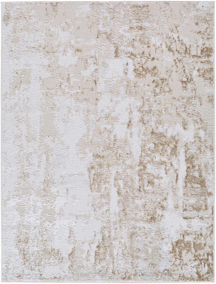 Close-up of the Junko Area Rug featuring a contemporary beige, cream, and tan abstract design. Design-Rectangle-537