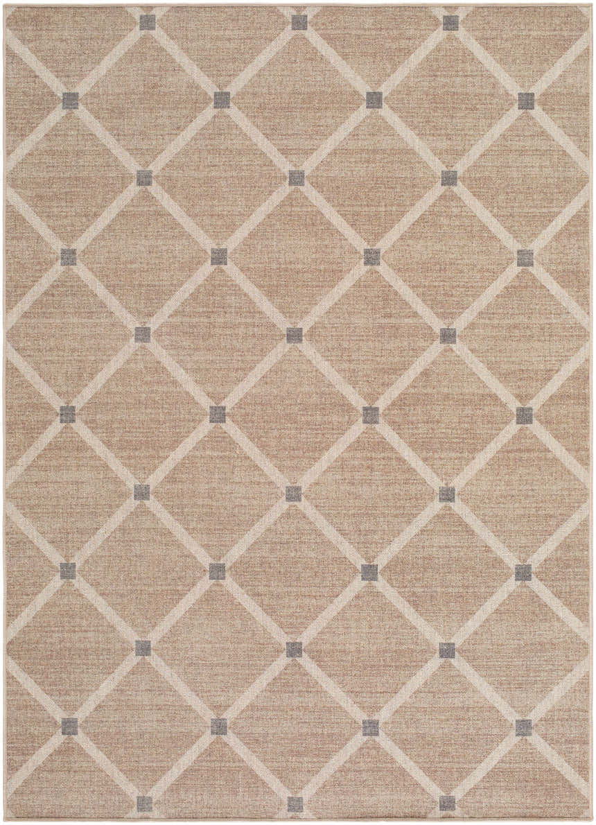 Close-up of Alpana Washable Wool Area Rug featuring a beige, ivory, and slate gray diamond trellis pattern. Design-Rectangle-57