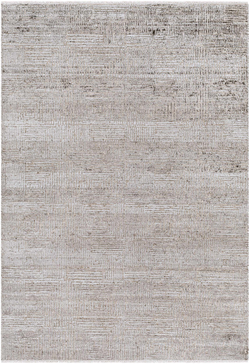 Close-up of the hand-knotted Struie Area Rug showing its oatmeal and gray contemporary geometric pattern and wool texture. Design-Rectangle-69