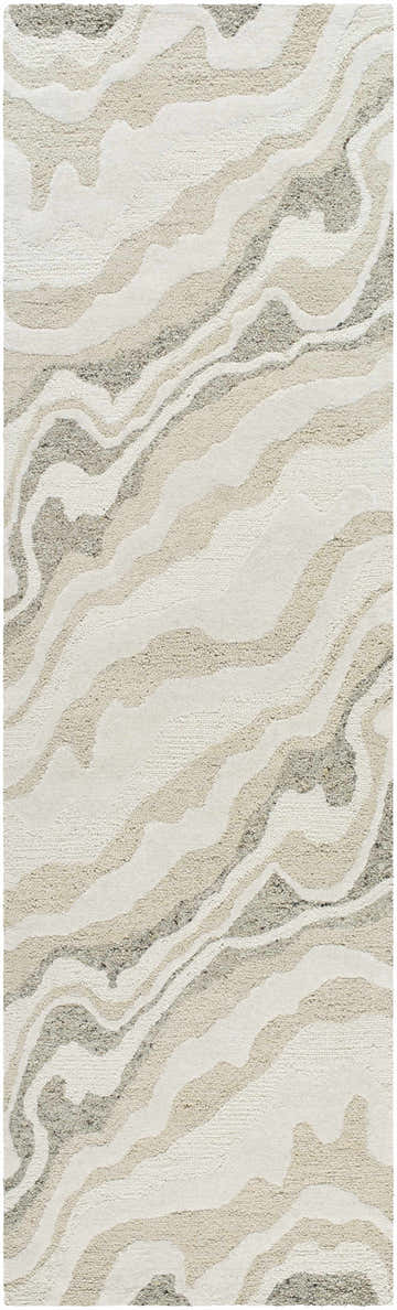 Close-up of the Siani Beige Wool Area Rug. Features an abstract, wavy pattern in ash, light silver, sage, and silver gray tones. Design-Runner-310