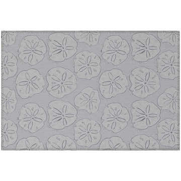 Close-up of the Dalyn Seabreeze SZ10 Silver Washable Area Rug featuring a sand dollar pattern in silver gray and taupe.