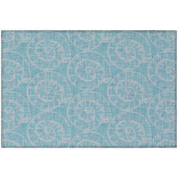 Close-up of the Dalyn Seabreeze SZ11 Poolside rug. Aqua blue rug with a white seashell pattern and a textured, washable design.