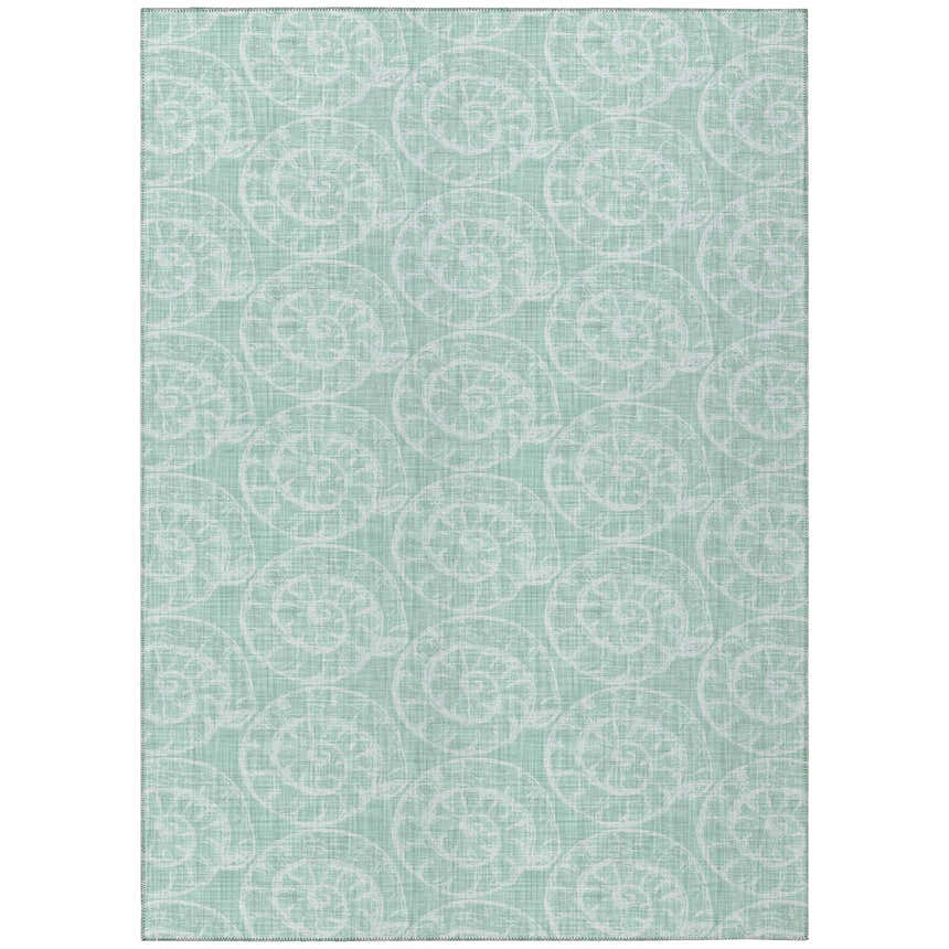 Close-up of Dalyn Seabreeze SZ11 Sage Washable Area Rug. Coastal style rug with a sage background and white seashell pattern.