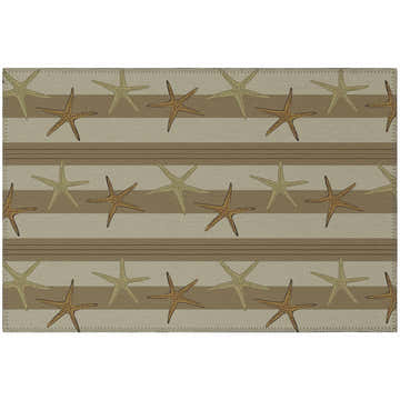 Close-up of Dalyn Seabreeze SZ12 Beige Washable Area Rug with beige stripes and starfish pattern. Coastal style.
