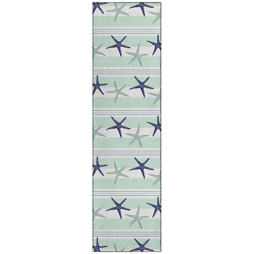 Coastal runner rug: Dalyn Seabreeze SZ12 Mist Washable Area Rug with blue starfish on muted sage and off-white stripes.