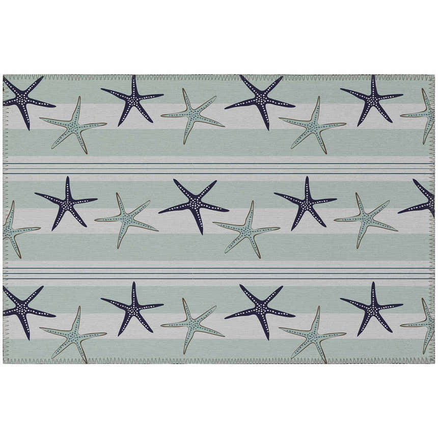 Dalyn Seabreeze SZ12 Mist Washable Area Rug with navy and sage starfish on blue and off-white stripes. Coastal style.