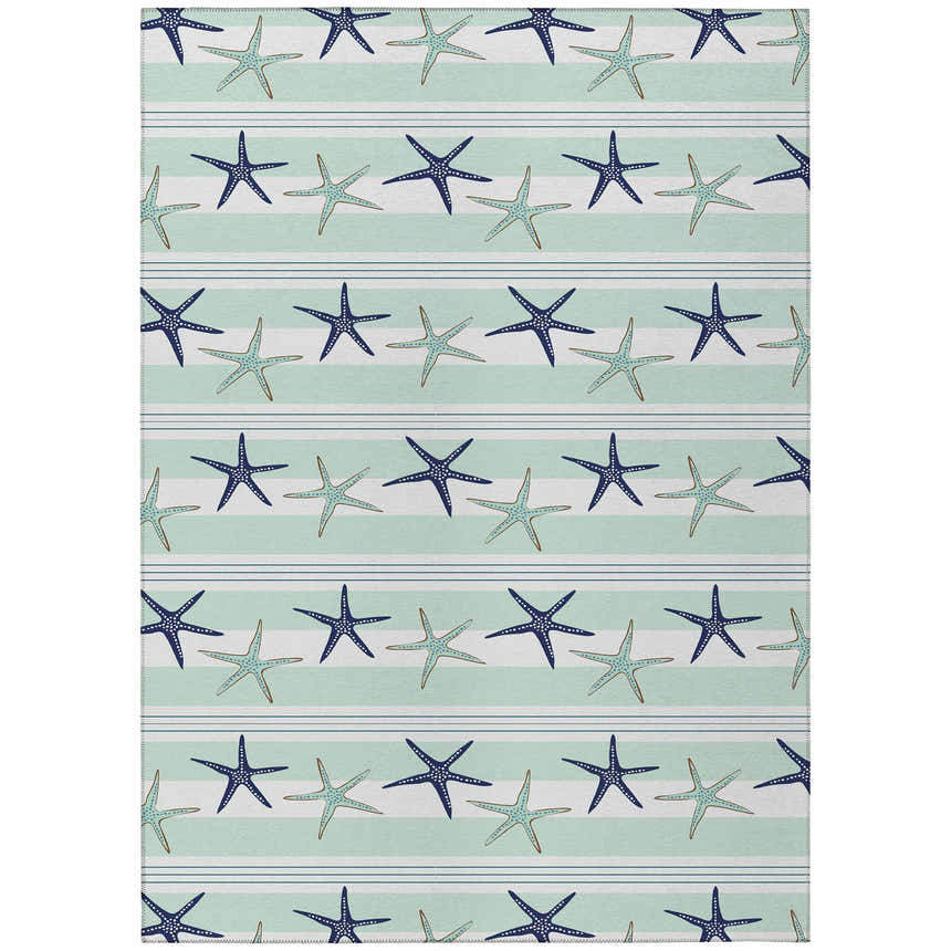 Dalyn Seabreeze SZ12 Mist Washable Area Rug with blue and sage starfish pattern on striped background. Coastal style.