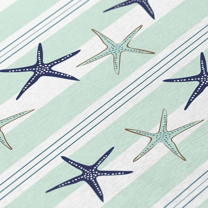 Close-up of Dalyn Seabreeze SZ12 Mist Washable Area Rug. Features starfish on mist, white, and blue striped background.