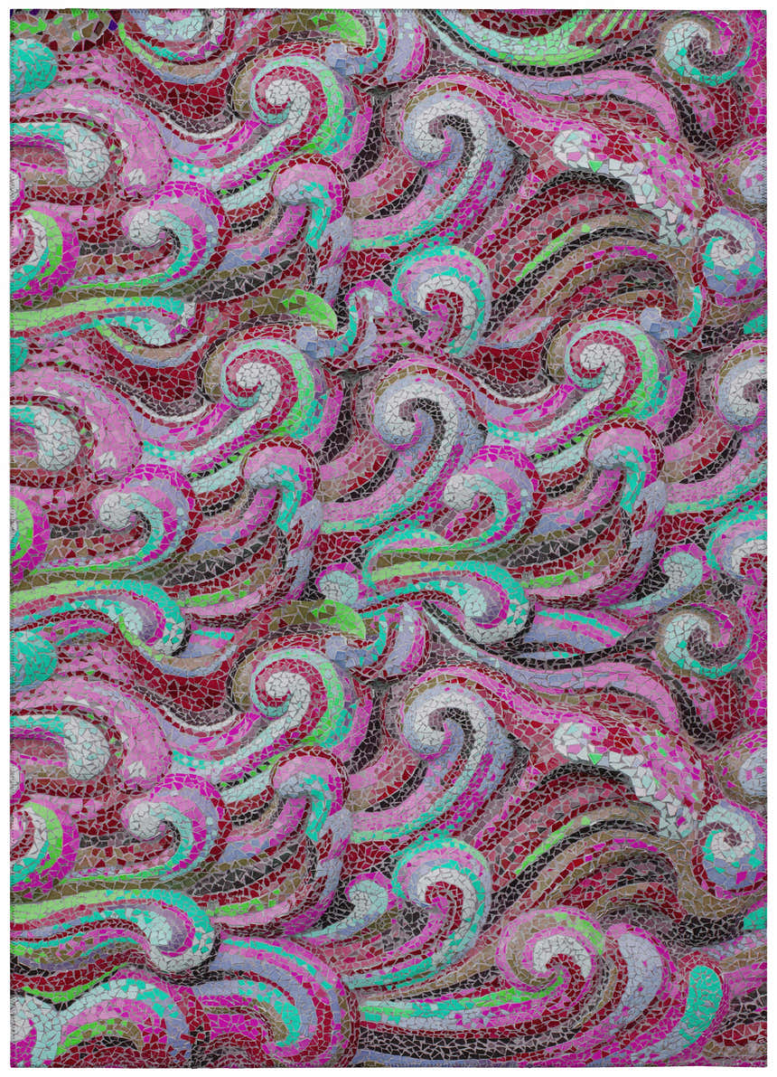 Close-up of Dalyn Seabreeze SZ14 Scarlett Washable Area Rug. Swirling mosaic pattern in scarlet, pink, green, and chestnut.