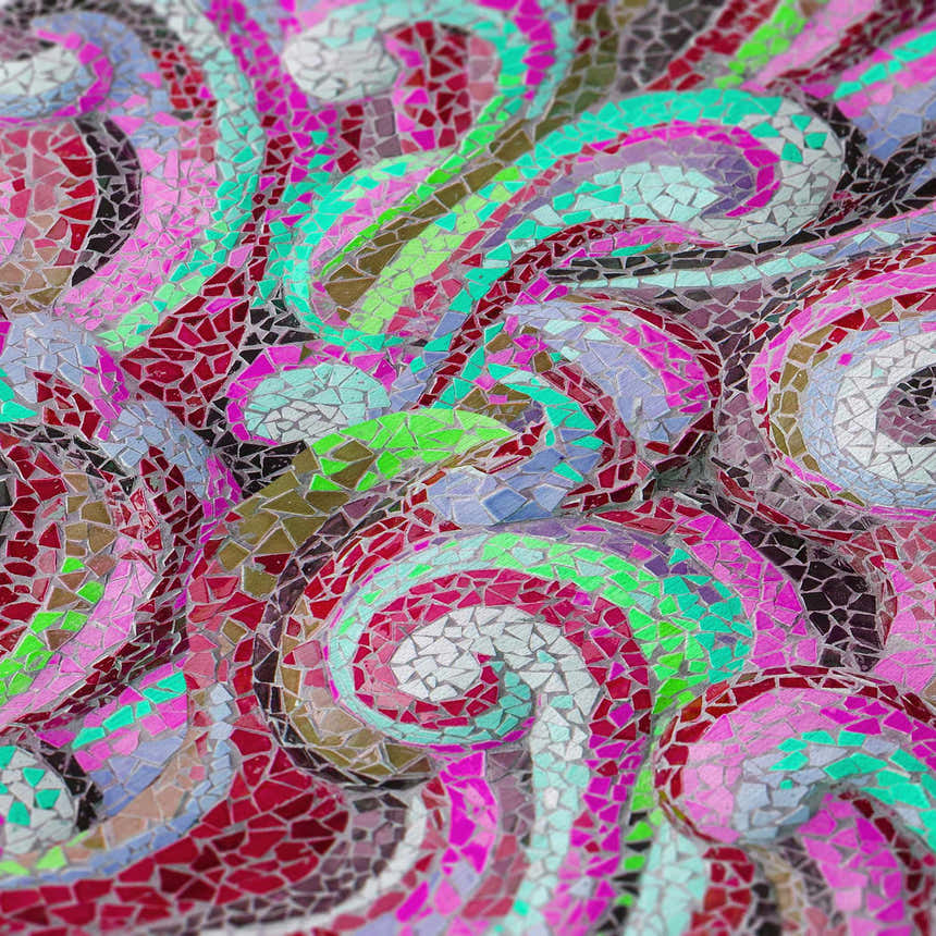 Close-up of the Dalyn Seabreeze SZ14 Scarlett rug. Features a mosaic-like swirl pattern in scarlet, pink, green, and navy.