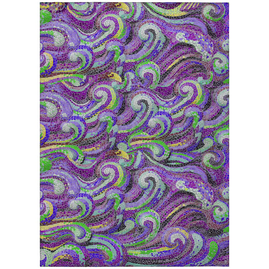 Close-up of the Dalyn Seabreeze SZ14 Violet Washable Area Rug. Features a mosaic-like swirl pattern in purple, green, and yellow.