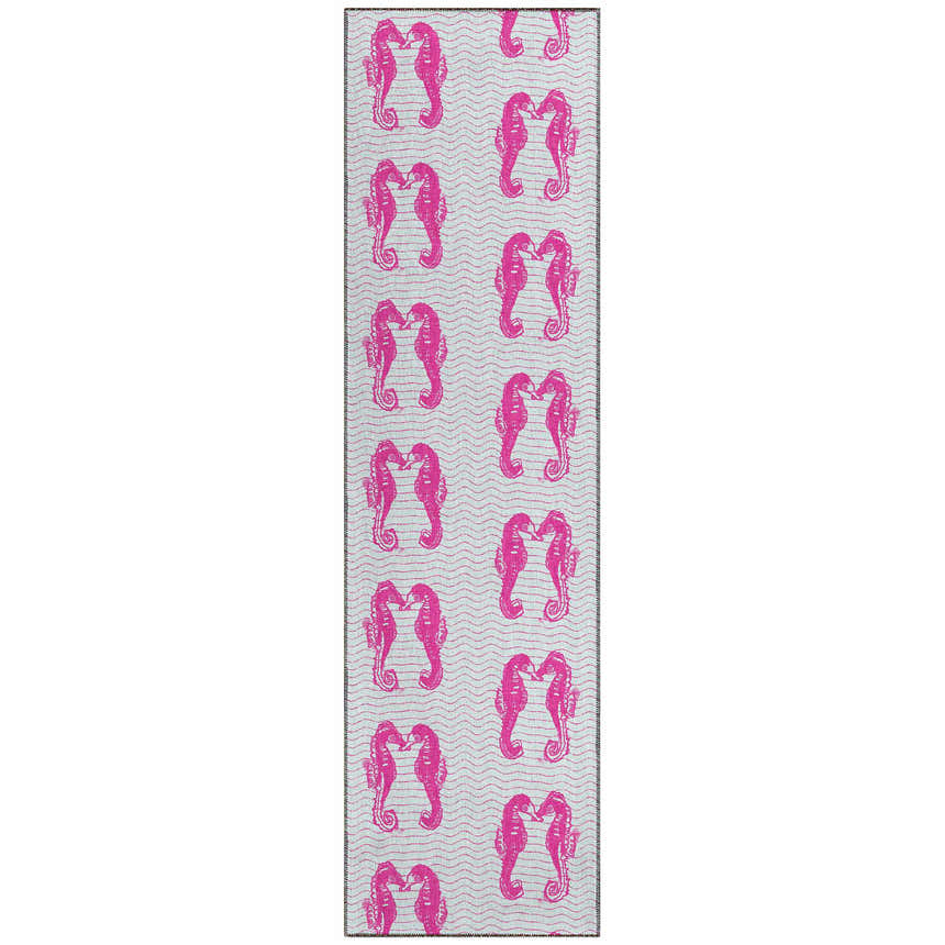 Dalyn Seabreeze Flamingo runner rug. Fuchsia seahorse pattern on a silver gray background. Coastal style.