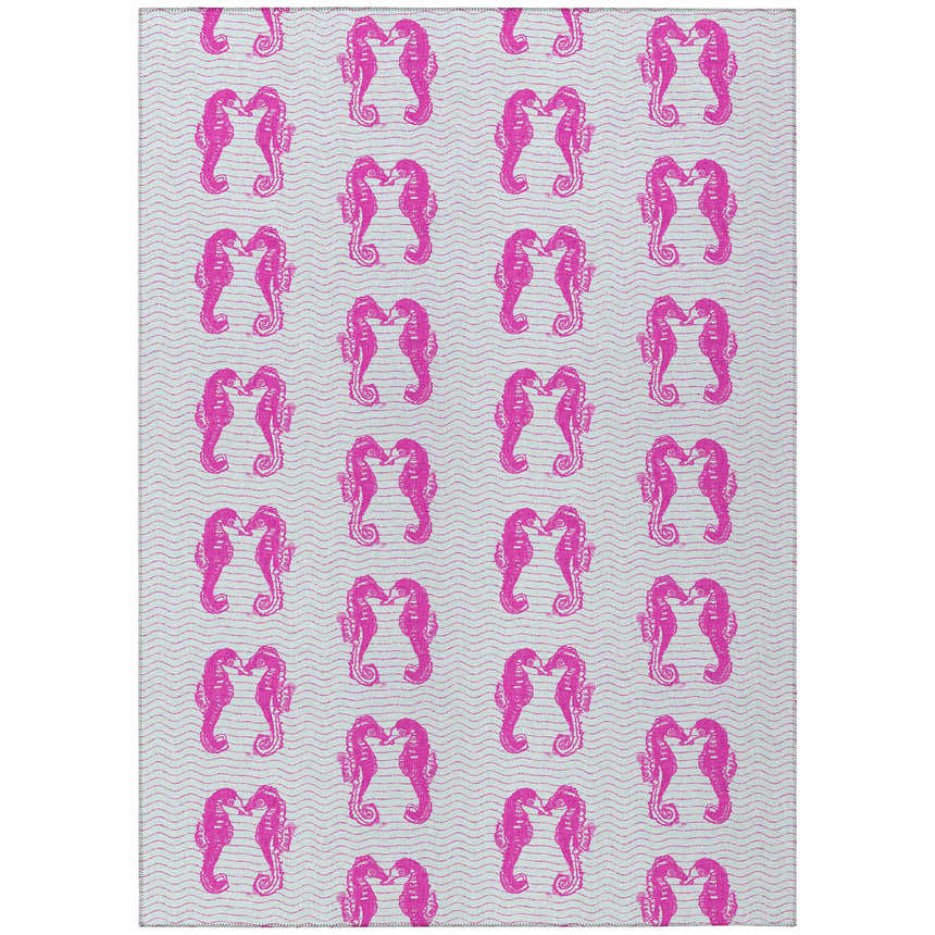 Close-up of Dalyn Seabreeze SZ15 Flamingo rug. Features a seahorse pattern on a silver gray background with fuchsia accents.