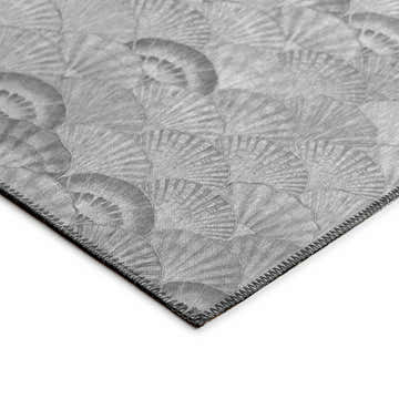 Close-up of the Dalyn Seabreeze SZ2 Silver Washable Area Rug, featuring a silver seashell pattern and bound edges.