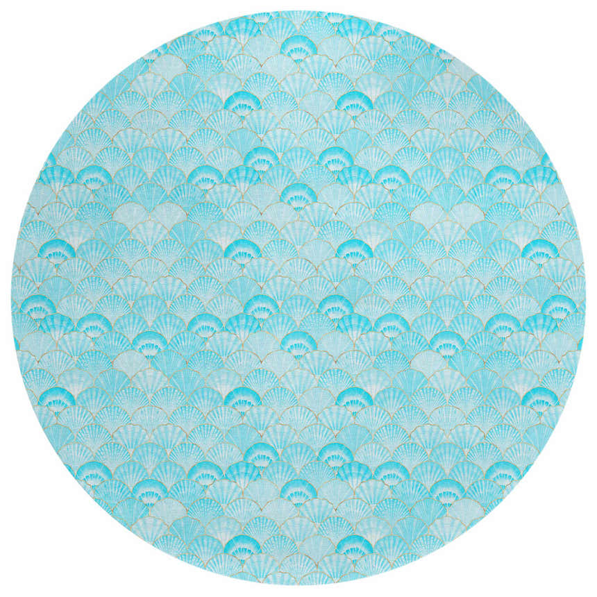Round Dalyn Seabreeze Teal Washable Area Rug featuring a coastal-inspired seashell pattern in shades of teal and off-white.