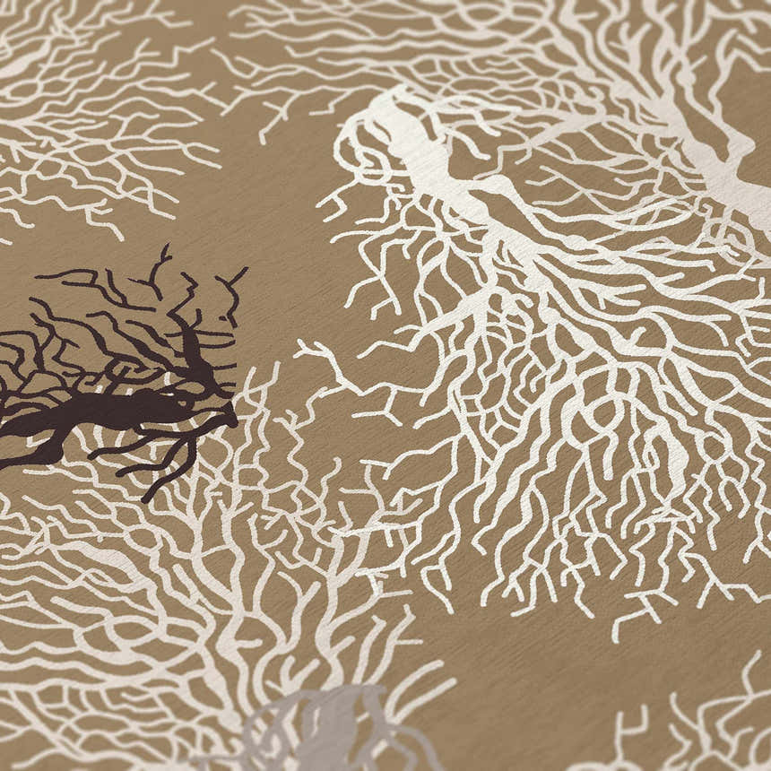 Close-up of Dalyn Seabreeze SZ3 Taupe Washable Area Rug. Beige rug with ivory and black coral branch pattern. Coastal style.