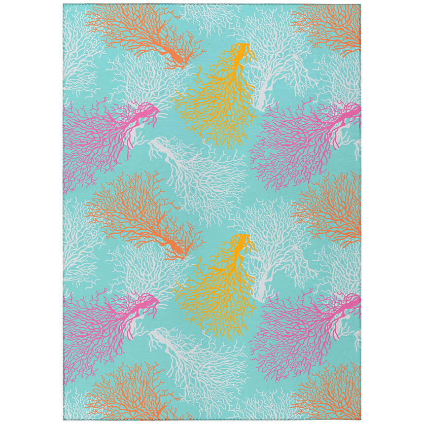 Dalyn Seabreeze Teal Washable Area Rug close-up. Coastal style rug with coral pattern in teal, pink, orange, yellow, and white.